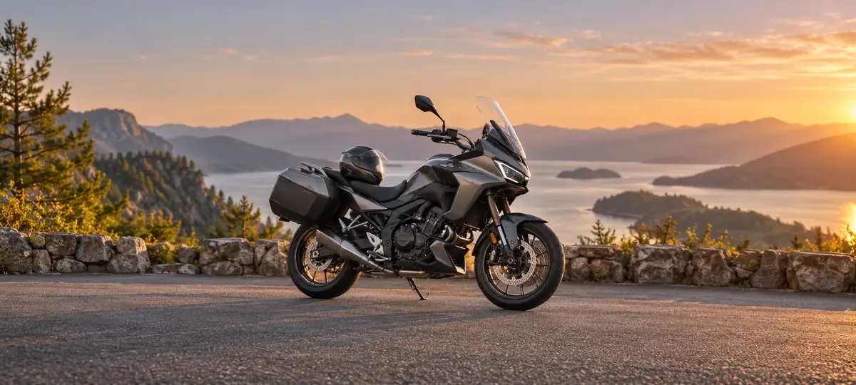 Motorcyclist standing beside a motorcycle on a scenic road