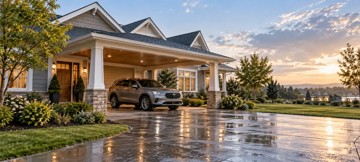 Family standing together at home with a car nearby