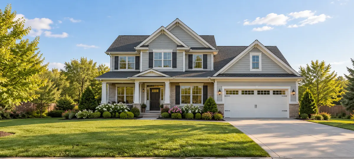 Family home with a front yard in afternoon light