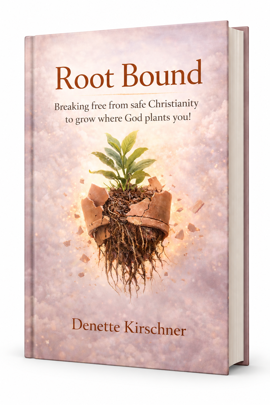 Root Bound by Denette Kirschner, book cover showing a cracked clay pot with a green plant growing out of it