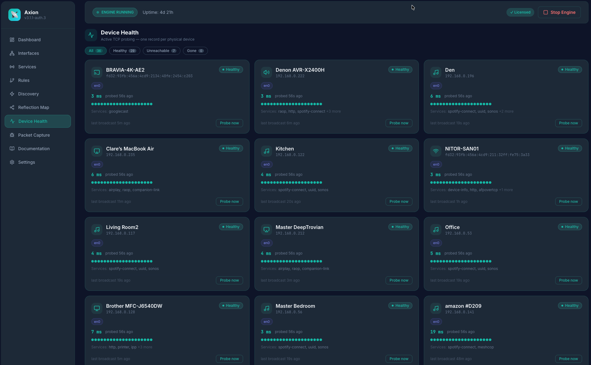 Deep Axion device health page — real TCP probe results with sparklines per device