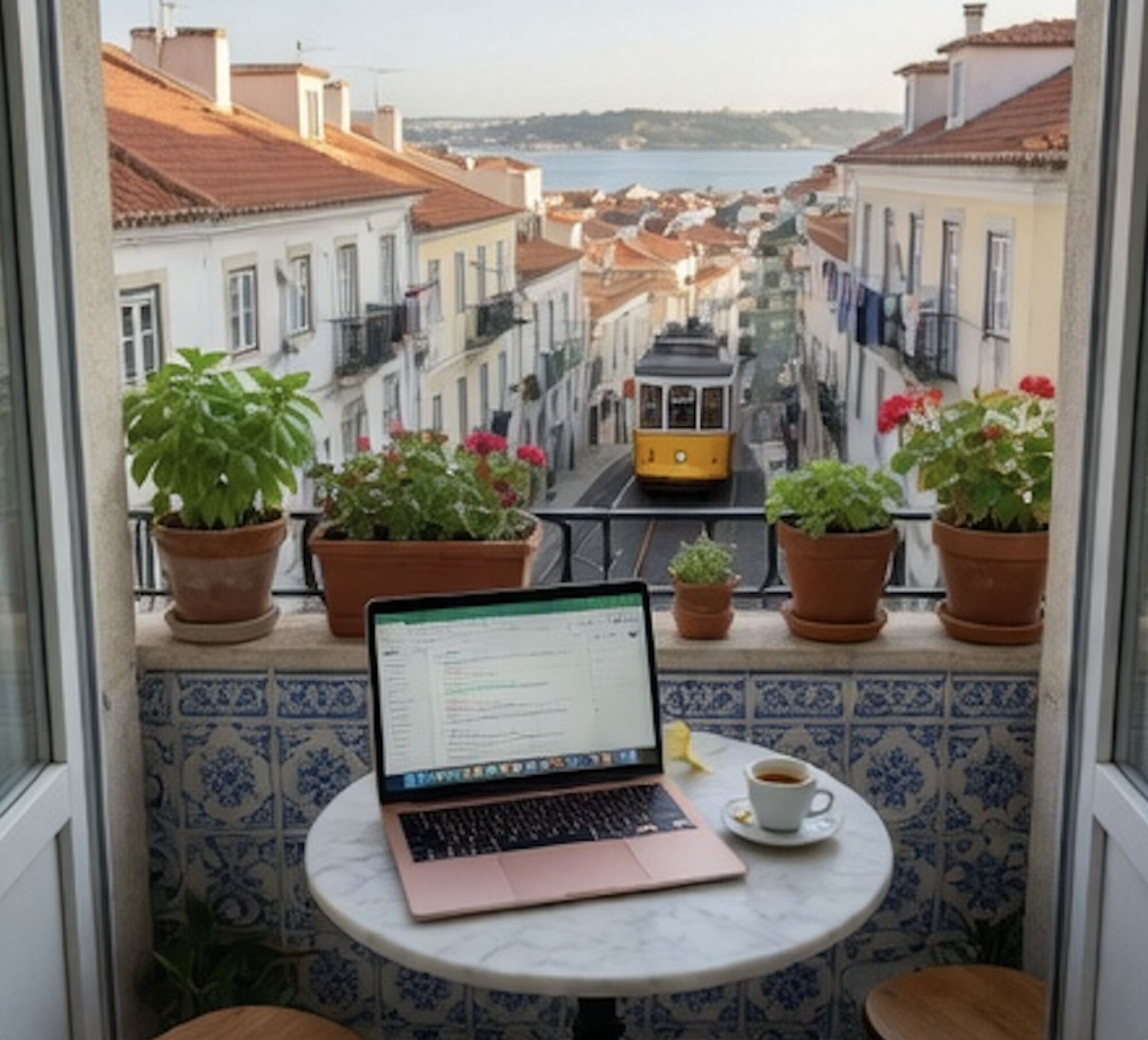 Laptop on a Lisbon balcony with a yellow tram visible on the street below