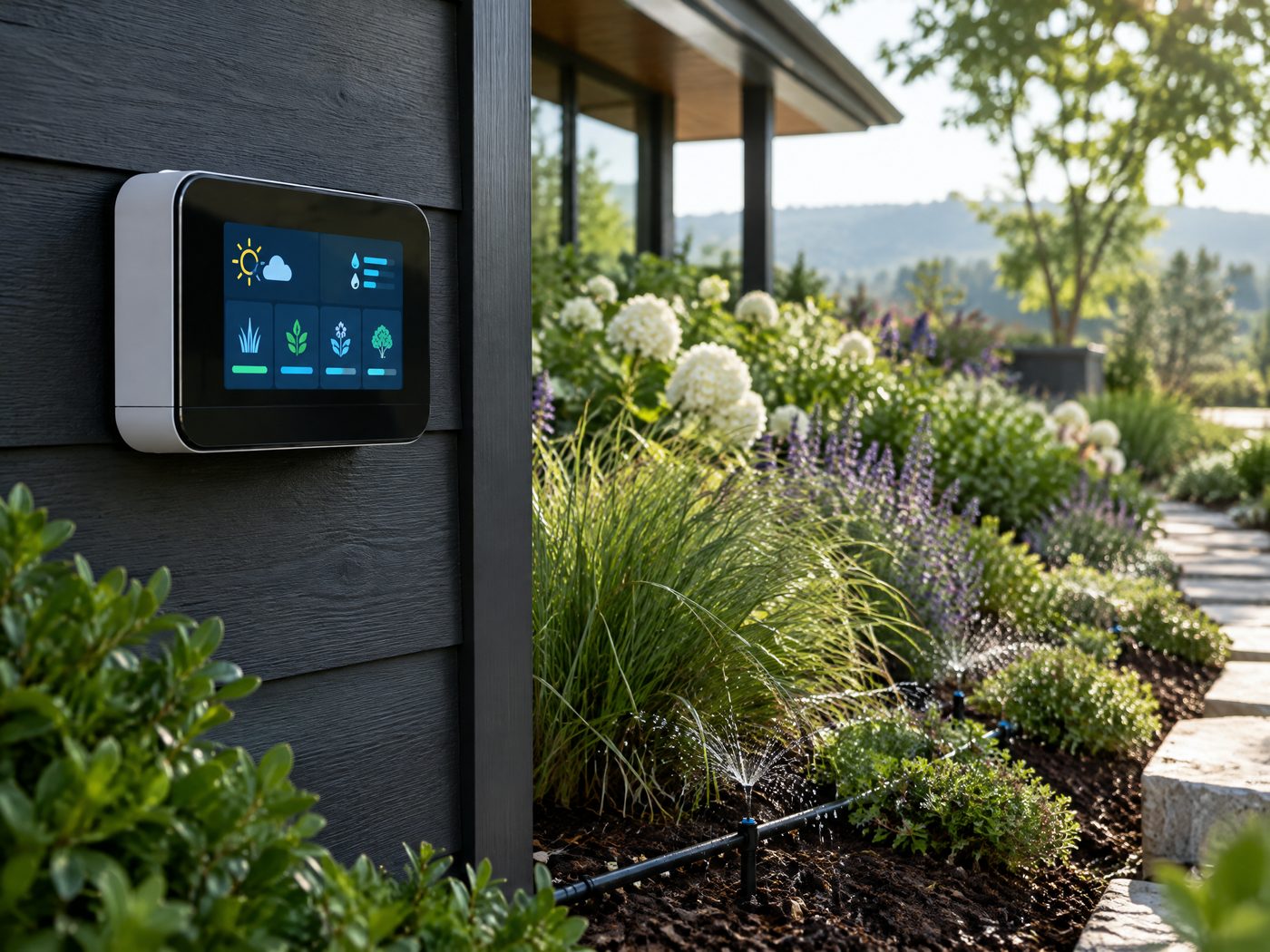 Smart irrigation controller beside a planted landscape bed
