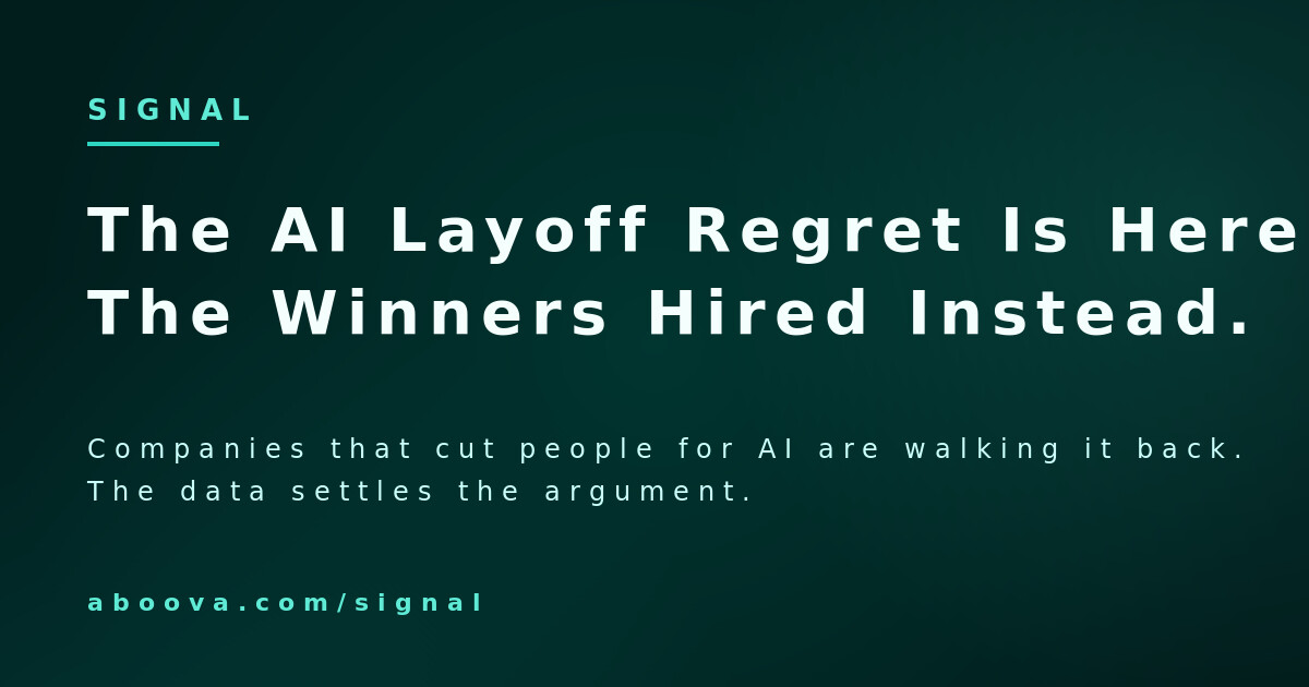 Signal editorial header: The AI Layoff Regret Is Here. The Winners Hired Instead.