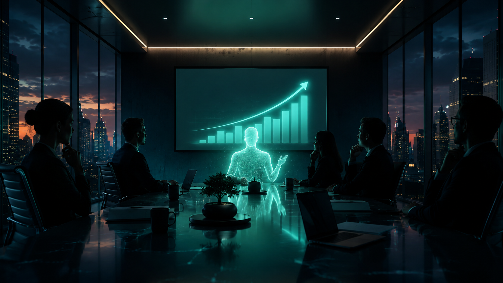 Editorial illustration: executives in a dusk boardroom, a glowing teal AI presence at the head of the table.