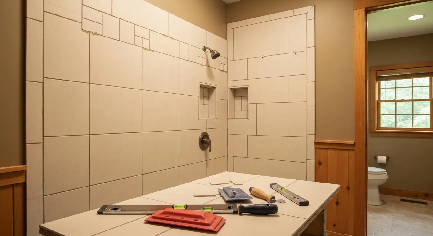 Tile shower walls in Waynesville bathroom
