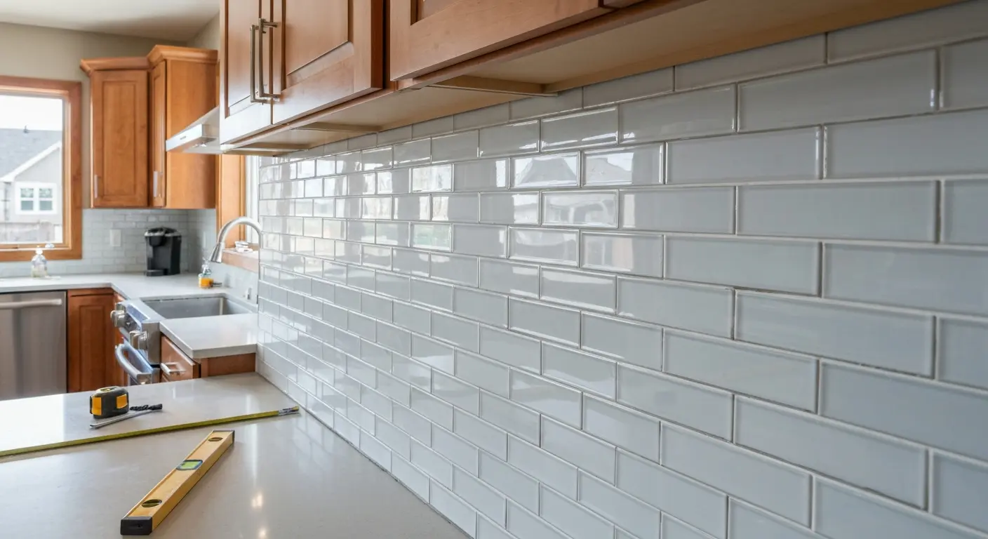 Glass subway tile backsplash