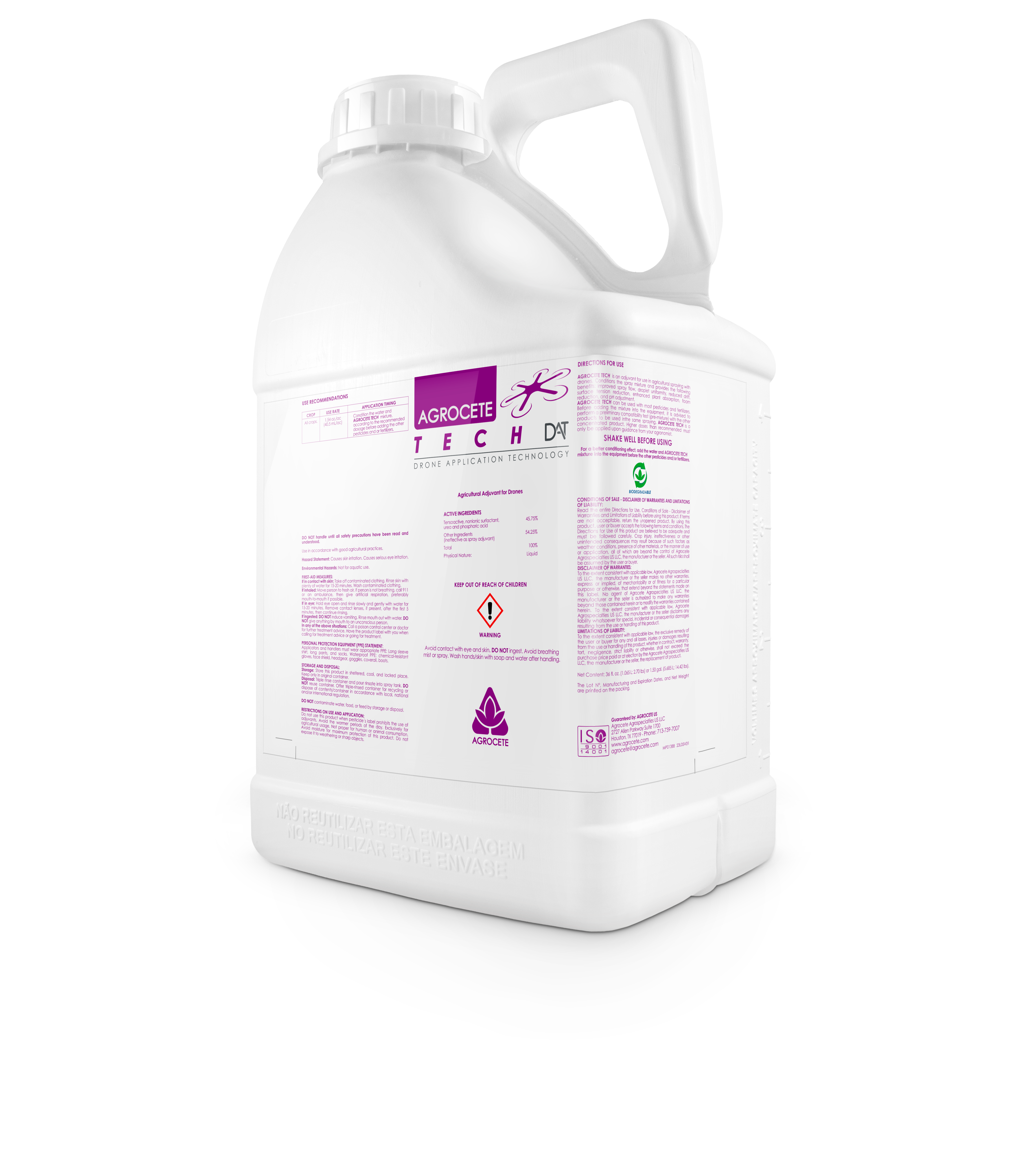 Agrocete TECH DAT drone spray adjuvant and water conditioner jug