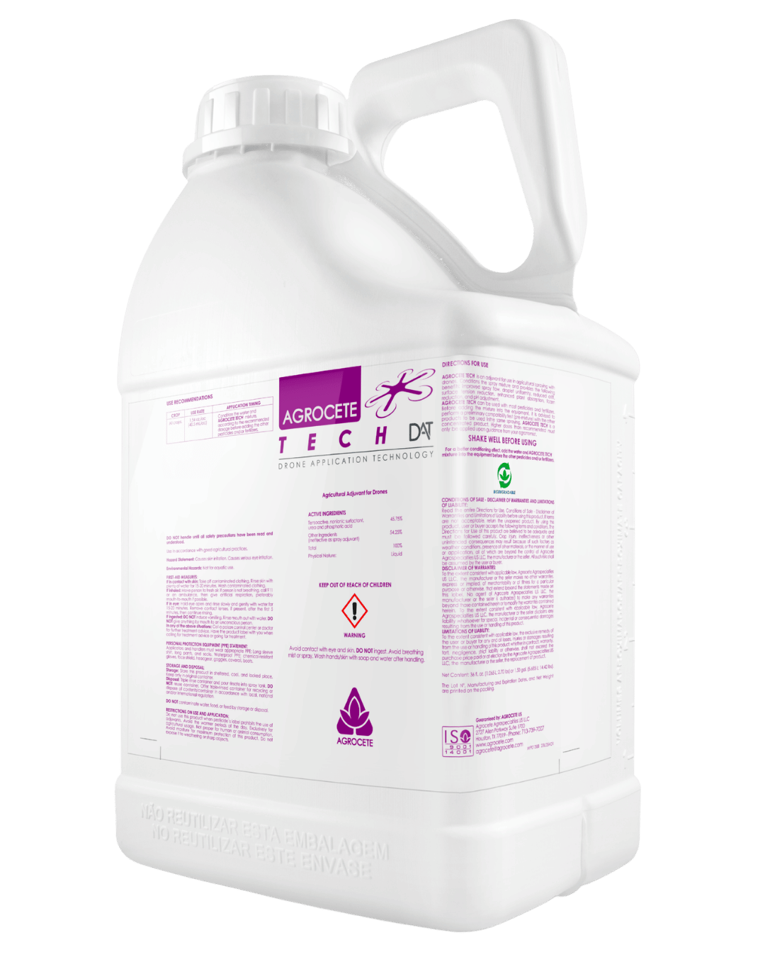 Agrocete TECH DAT drift-support UAV adjuvant jug for low-GPA drone spraying