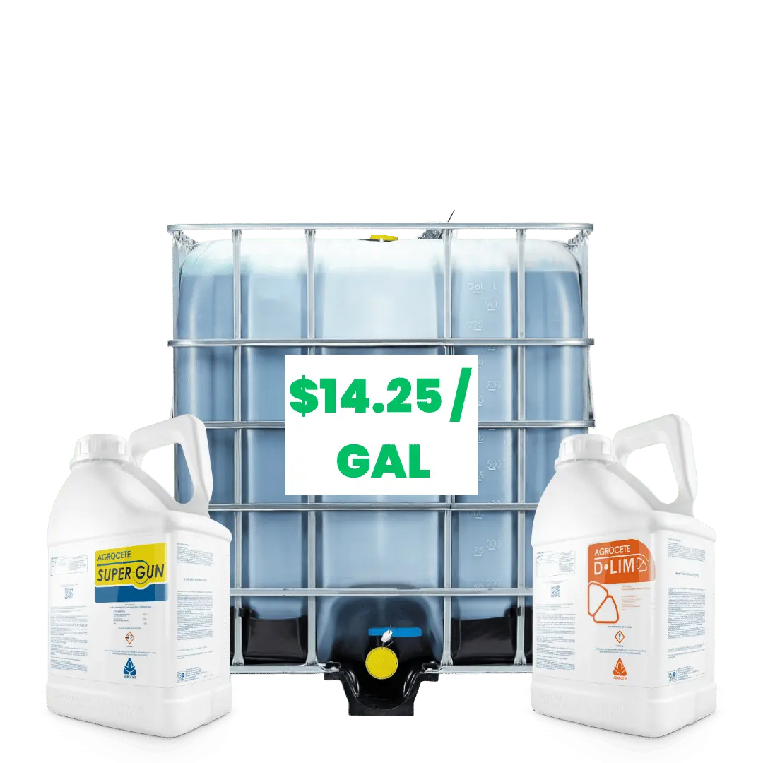 Glufosinate tote with Super Gun and D-LIM jugs representing wholesale crop protection and adjuvants