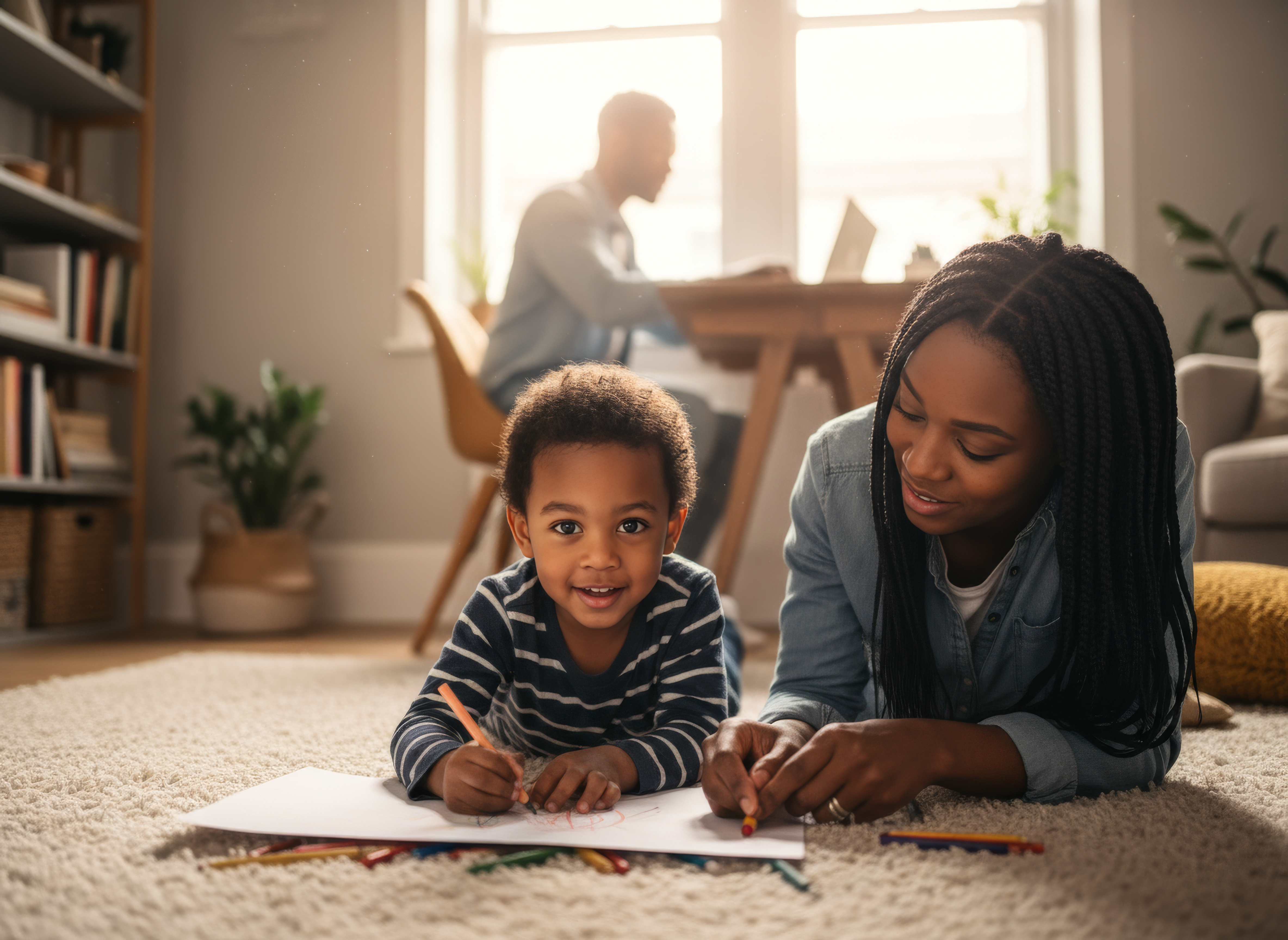 This is a photo of a mum and son laying on the floor doing some colouring together. 