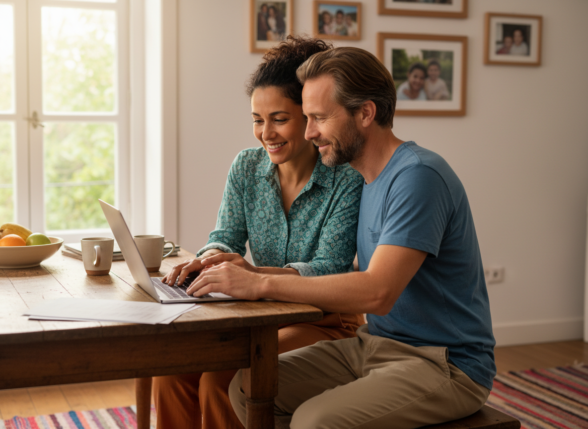 A couple looking at a computer arranging their life insurance