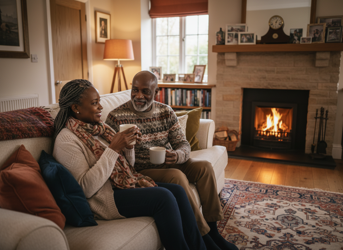 A photo of a mature couple sharing company by the fire. A photo of a mature couple sharing company by the fire.