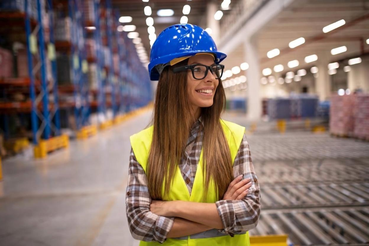 Warehouse worker wearing smart glasses