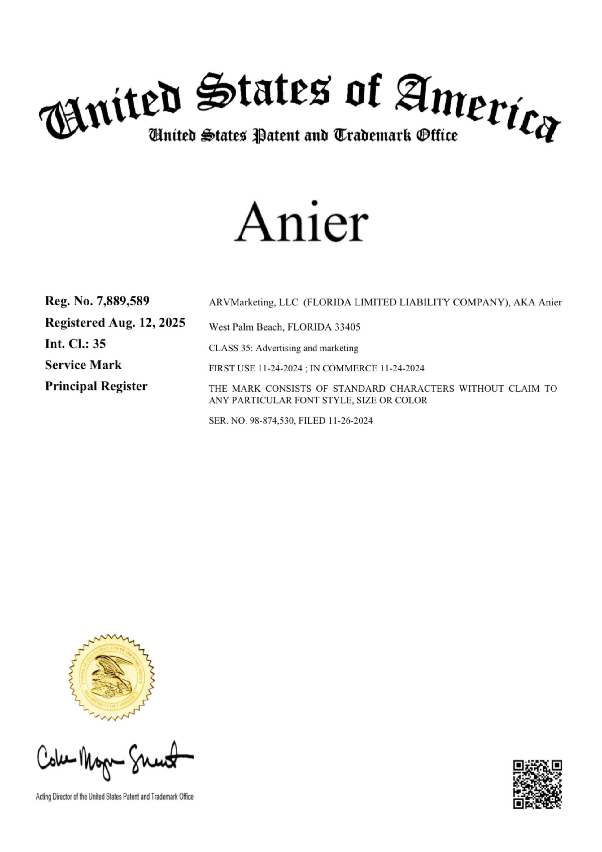Anier registered trademark certificate