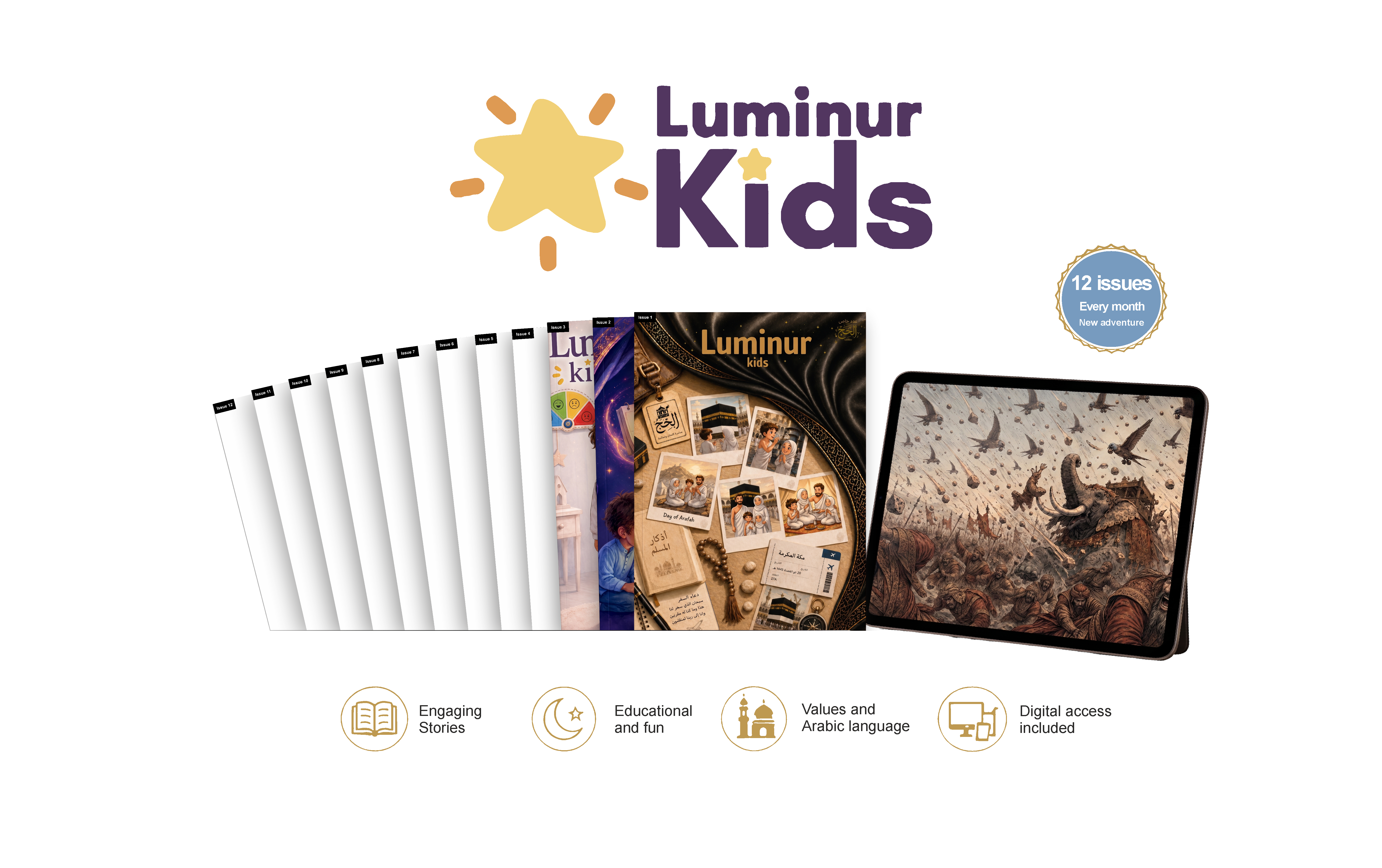 A spread of 12 Luminur Kids monthly magazines