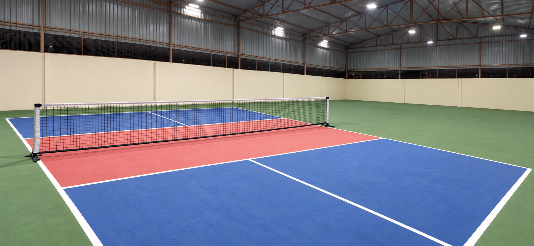 Close view of a professional indoor pickleball court and net