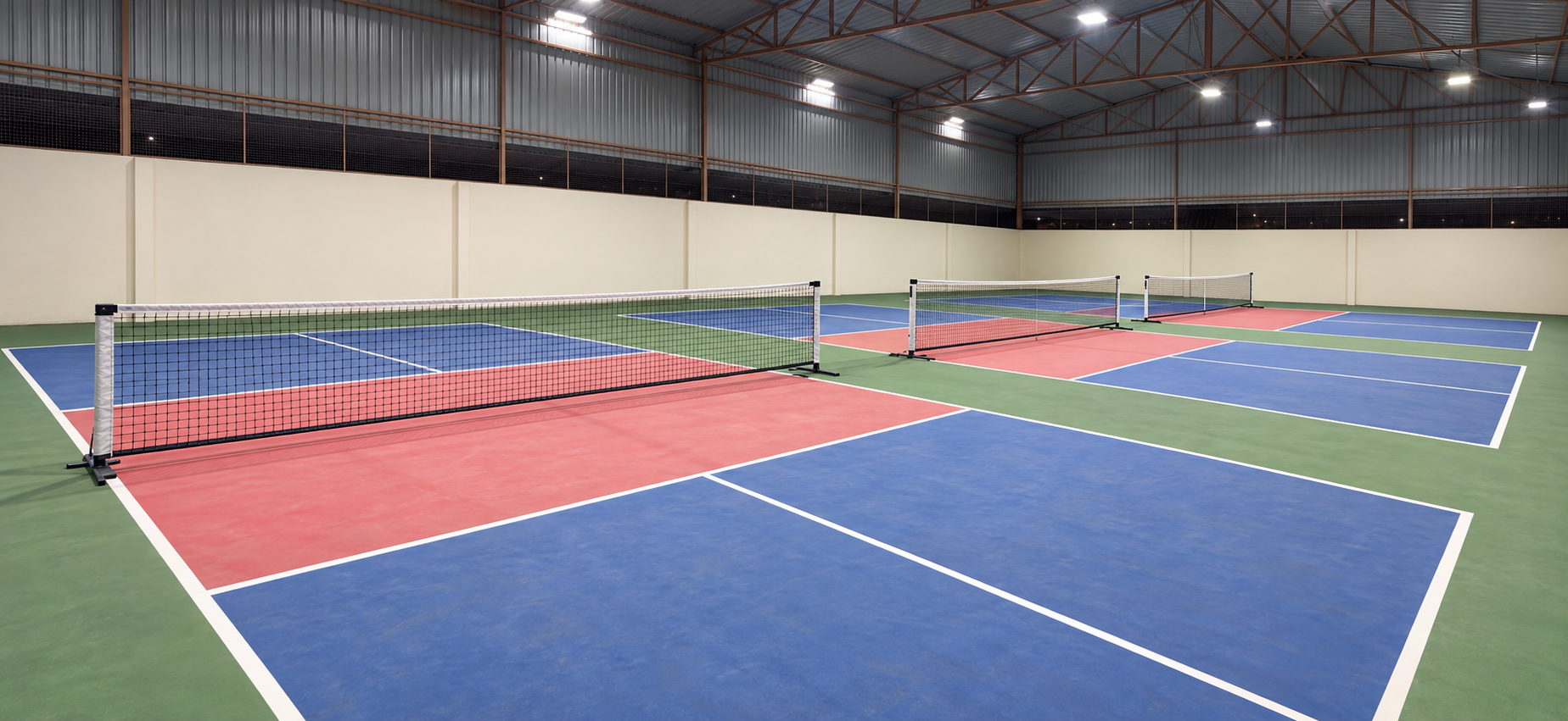 Three indoor pickleball courts at Pickle n Paddle under bright lights