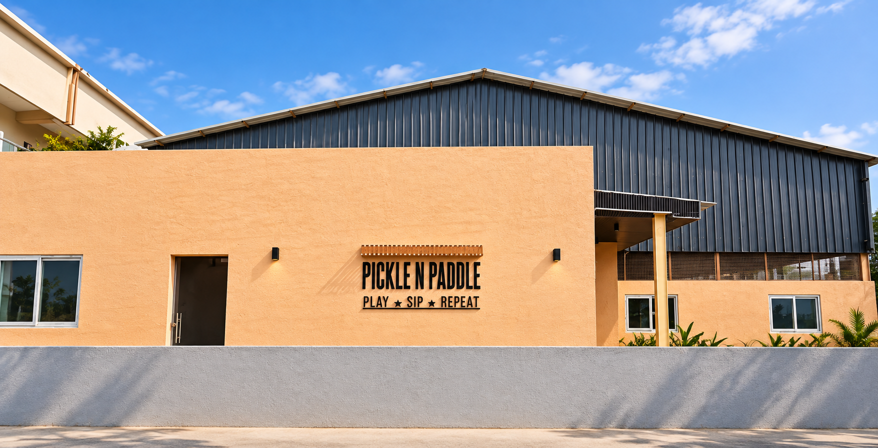 Pickle n Paddle building front with the Play Sip Repeat sign