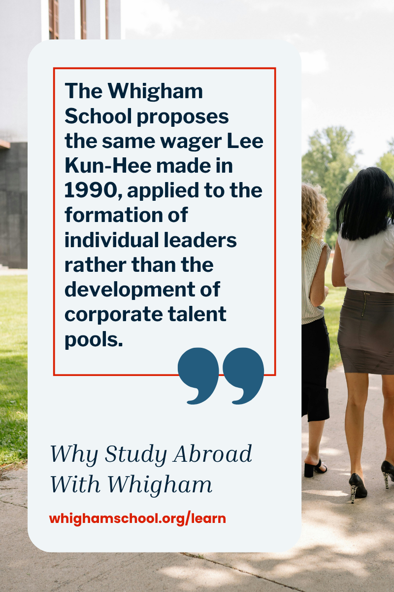Promotional graphic for the Whigham School featuring a quote about developing individual leaders through global immersion. The design shows two women walking outdoors beside a large text panel with the headline “Why Study Abroad With Whigham” and the website whighamschool.org/learn.