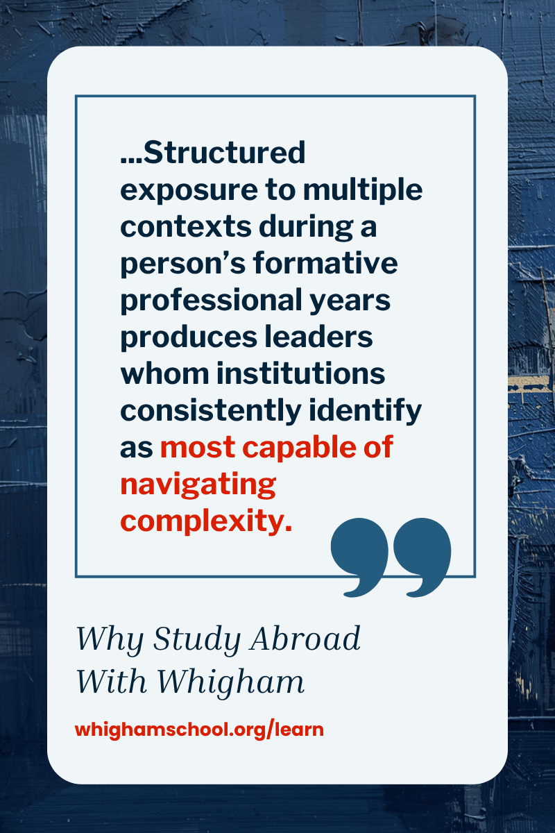 Promotional graphic for The Whigham School featuring a skyscraper image labeled “McKinsey & Company” above a headline about a century-old apprenticeship system producing more Fortune 500 CEOs than any other institution on Earth. The design includes a globe illustration, the phrase “Why Study Abroad With Whigham,” and the website whighamschool.org/learn.