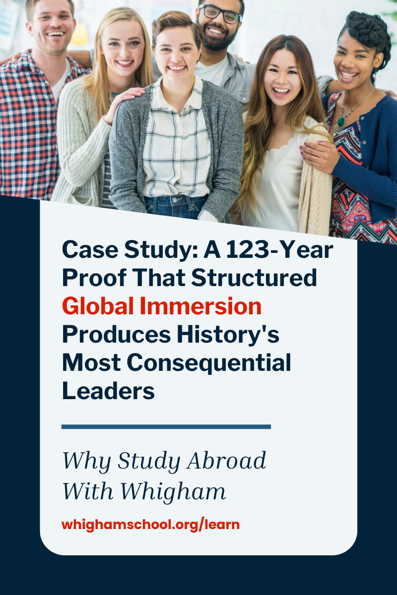Promotional graphic for The Whigham School featuring a diverse group of international students standing together outdoors. The graphic includes the headline “Case Study: A 123-Year Proof That Structured Global Immersion Produces History’s Most Consequential Leaders,” along with the phrase “Why Study Abroad With Whigham” and the website whighamschool.org/learn.