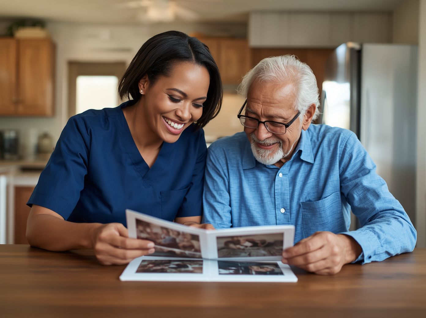 Patient caregiver with dementia client at home in Atlanta