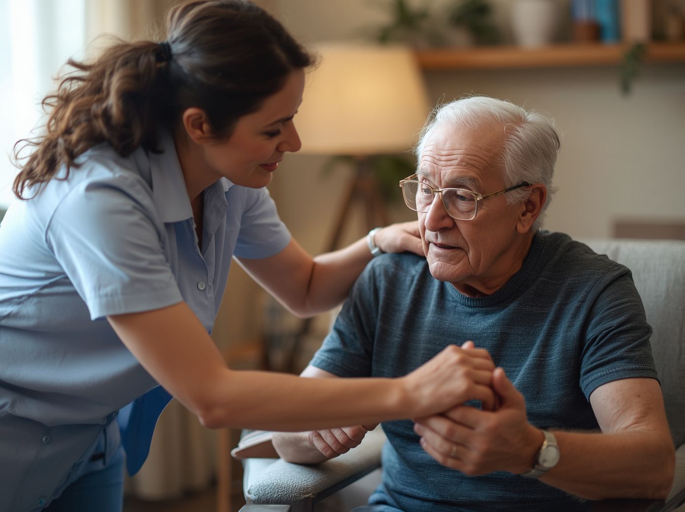 Compassionate caregiver supporting Parkinson's patient at home in Atlanta