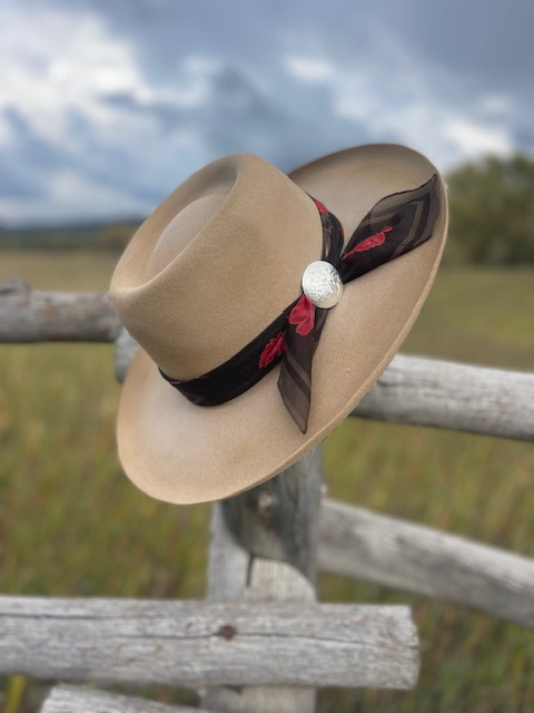 Tan felt hat with a printed scarf hatband on a wooden fence rail