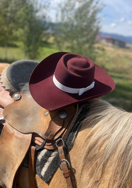 Burgundy felt hat resting on a saddle horn