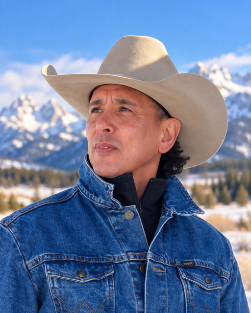Shawn Miller, founder of Teton Valley Hat Company, wearing a handmade felt hat with the Teton mountains behind him