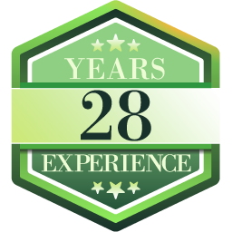 Gold medal icon with a shield that says 28 Years Experience
