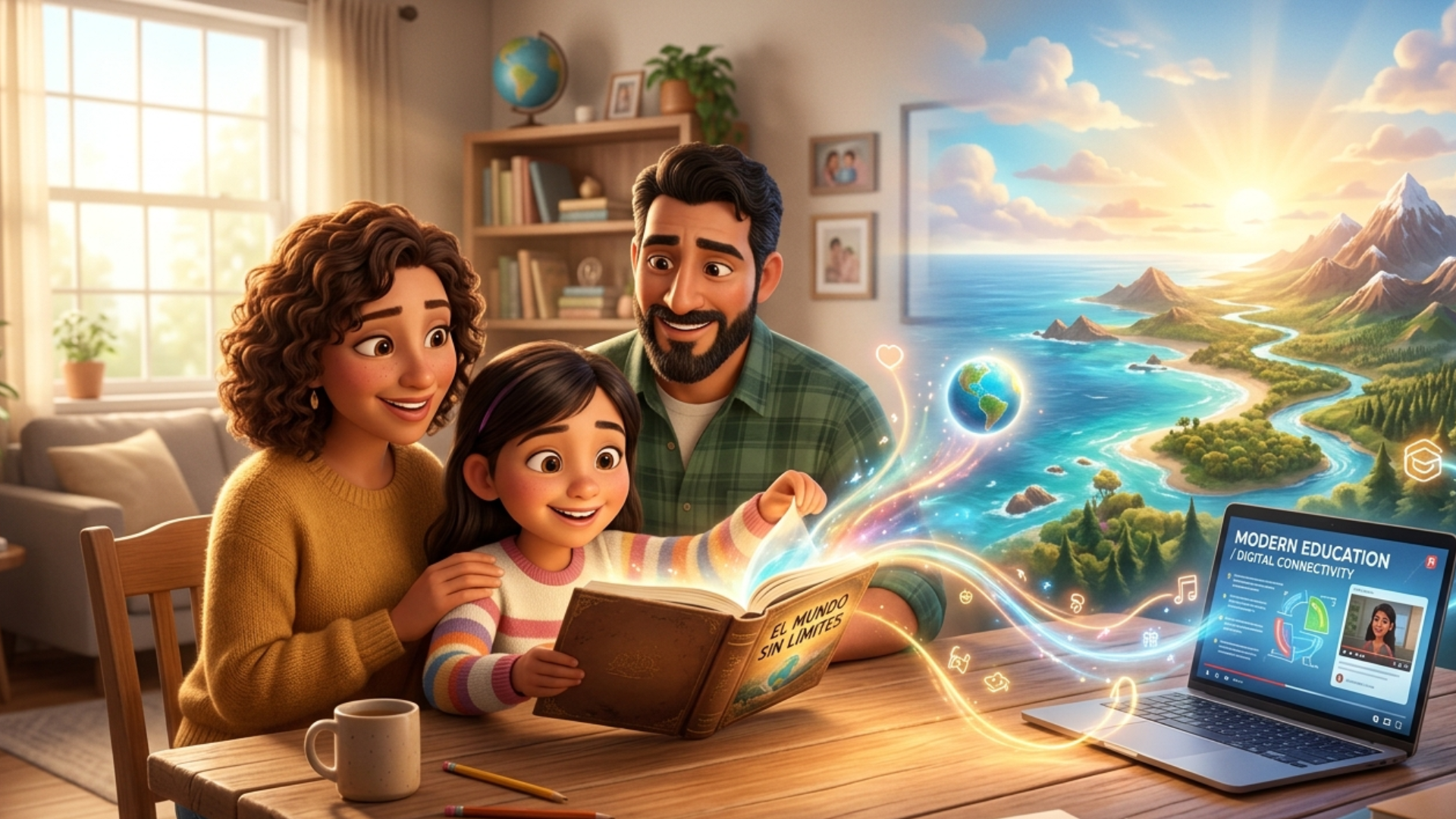 Familia leyendo en casa mientras el libro abre un mundo entero