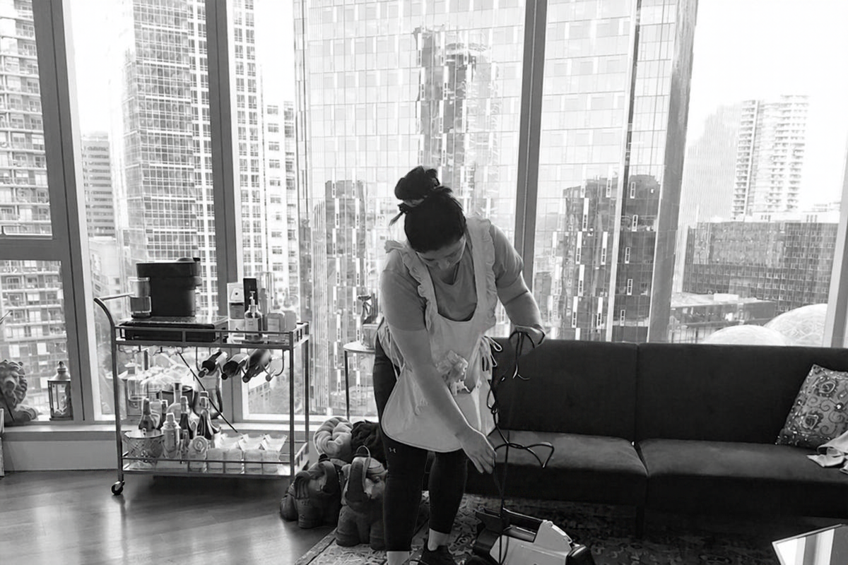 Gleaming high-rise interior overlooking a city skyline