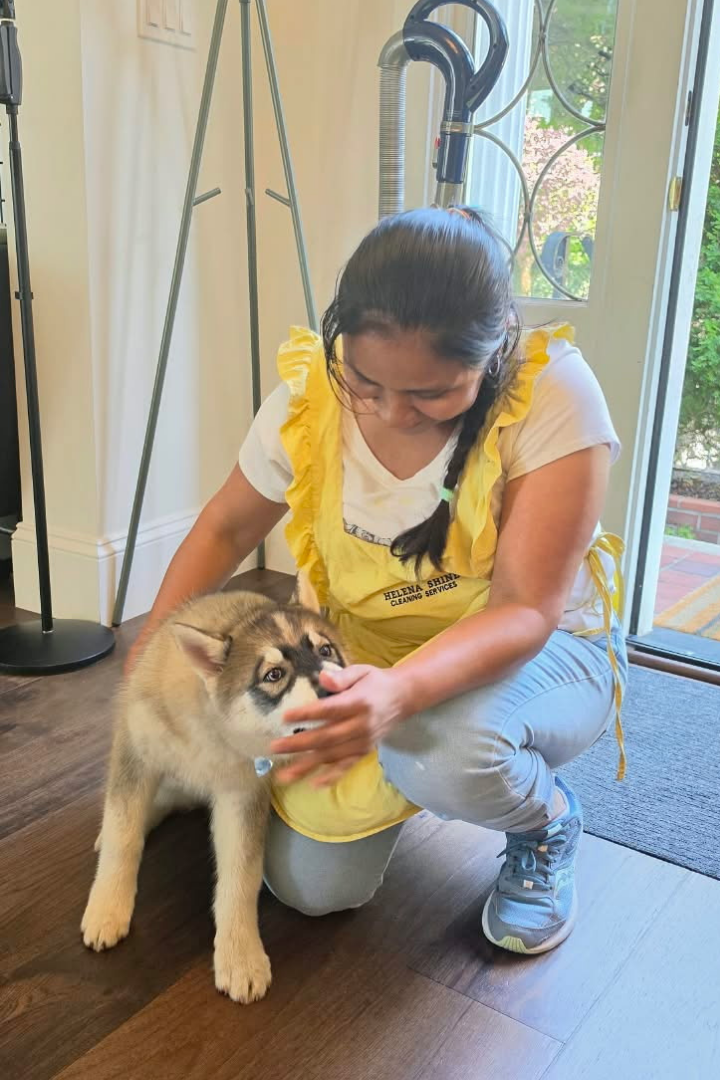 Helena Shine cleaning professional kneeling on a hardwood floor with a friendly dog in a bright home