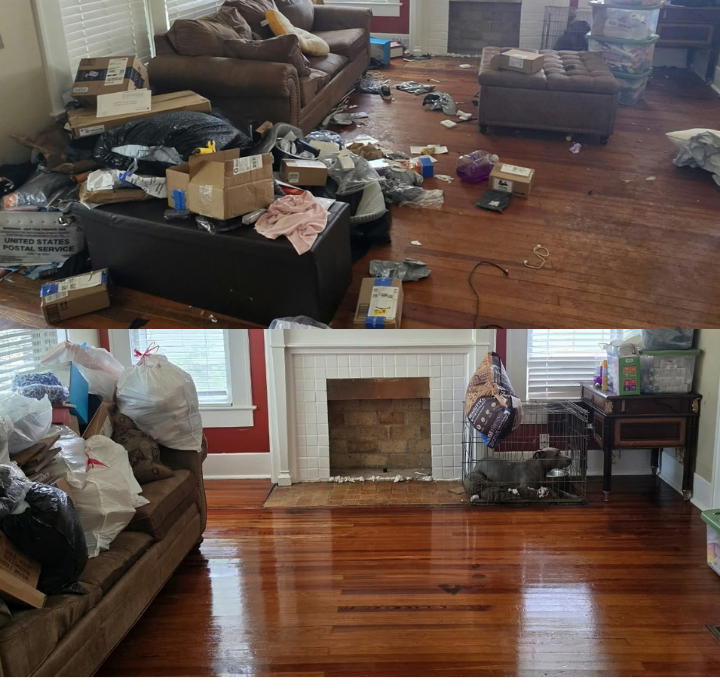 Before-and-after of a Seattle living room transformed from cluttered to a clean, polished space