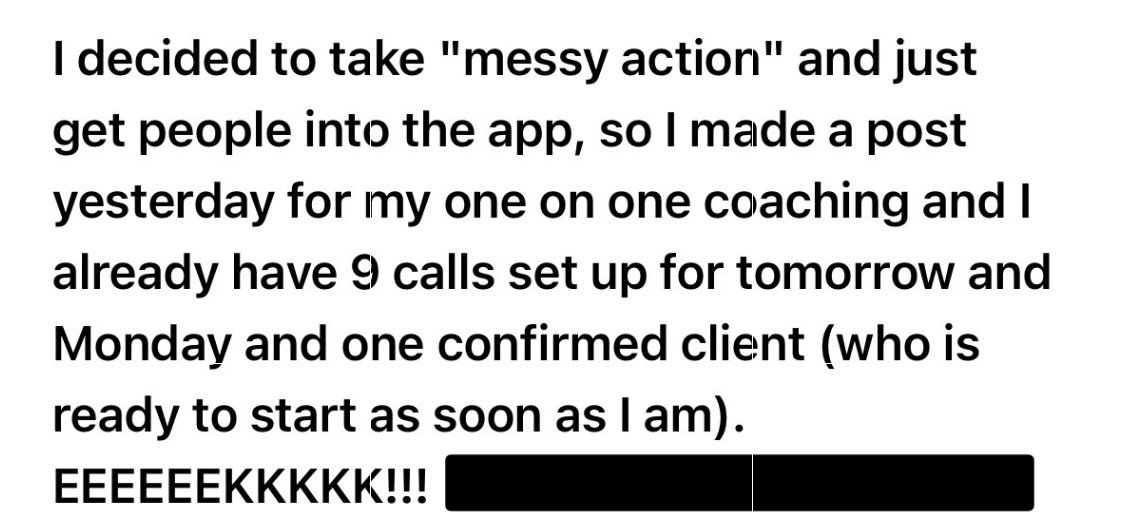 Coaching business results: 9 calls booked, 1 confirmed client, day 1 of program