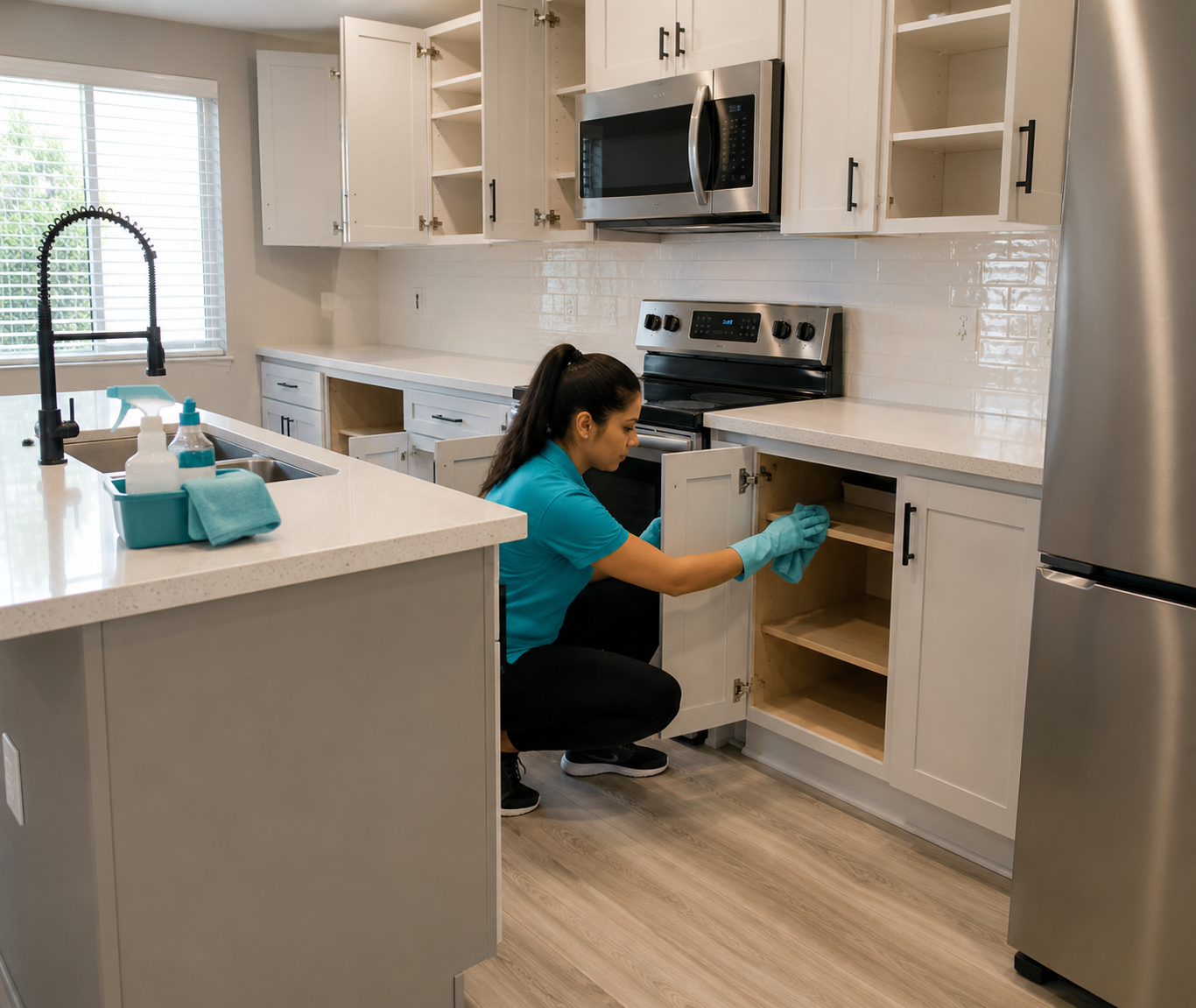 Move-Out Kitchen Detail — Inside appliances, cabinets, and surfaces cleaned for deposit inspection. Prime Pro Cleaning, Broward & Miami-Dade County, FL