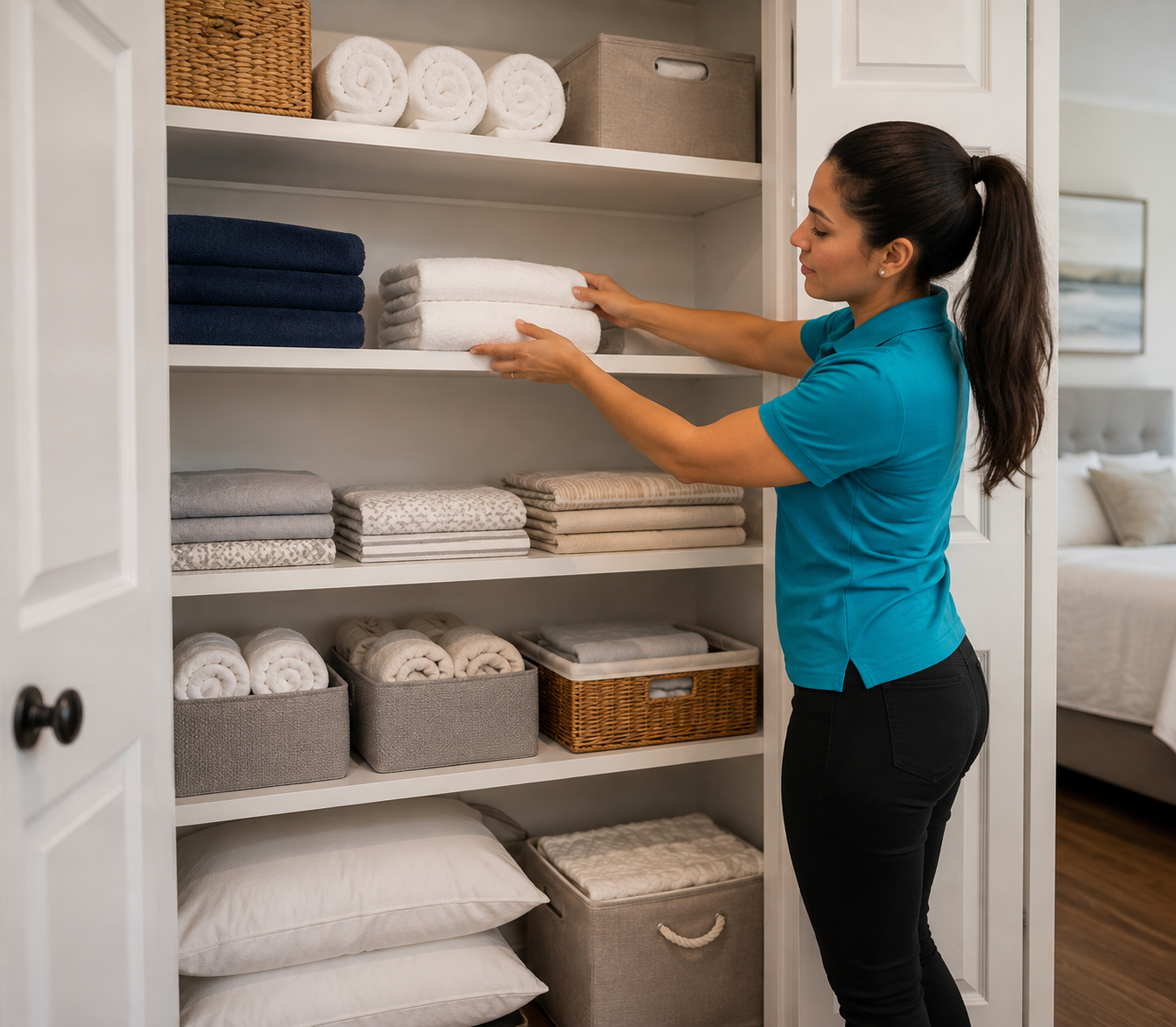 Linen Closet Organization — Neatly folded and categorized linens in a Fort Lauderdale condo. Prime Pro Cleaning, Broward & Miami-Dade County, FL
