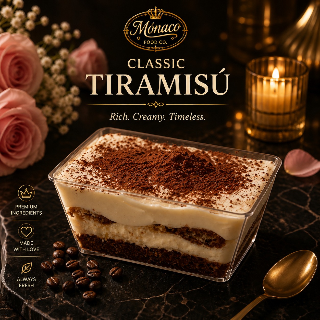 Signature Tiramisù with rich mascarpone, coffee liqueur, and dark cocoa finish