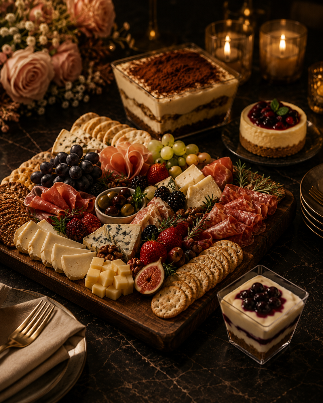 Monaco Food & Co charcuterie and artisan dessert composition showcasing craftsmanship and dual expertise