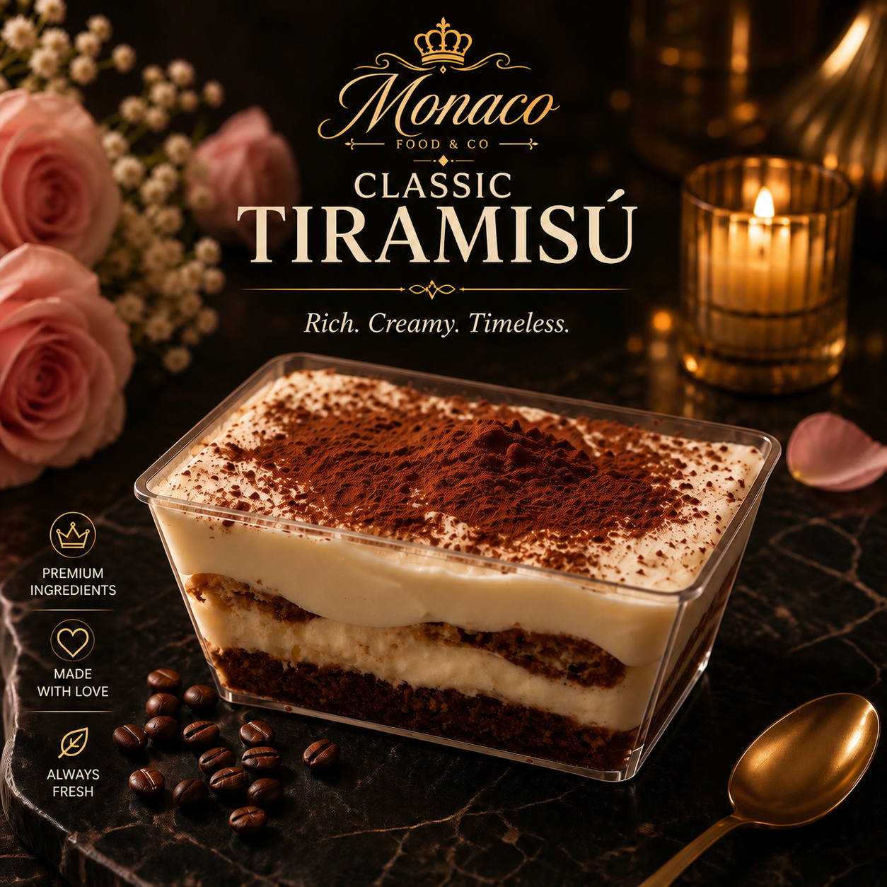 Handcrafted Tiramisù with rich mascarpone, coffee liqueur, and dark cocoa finish