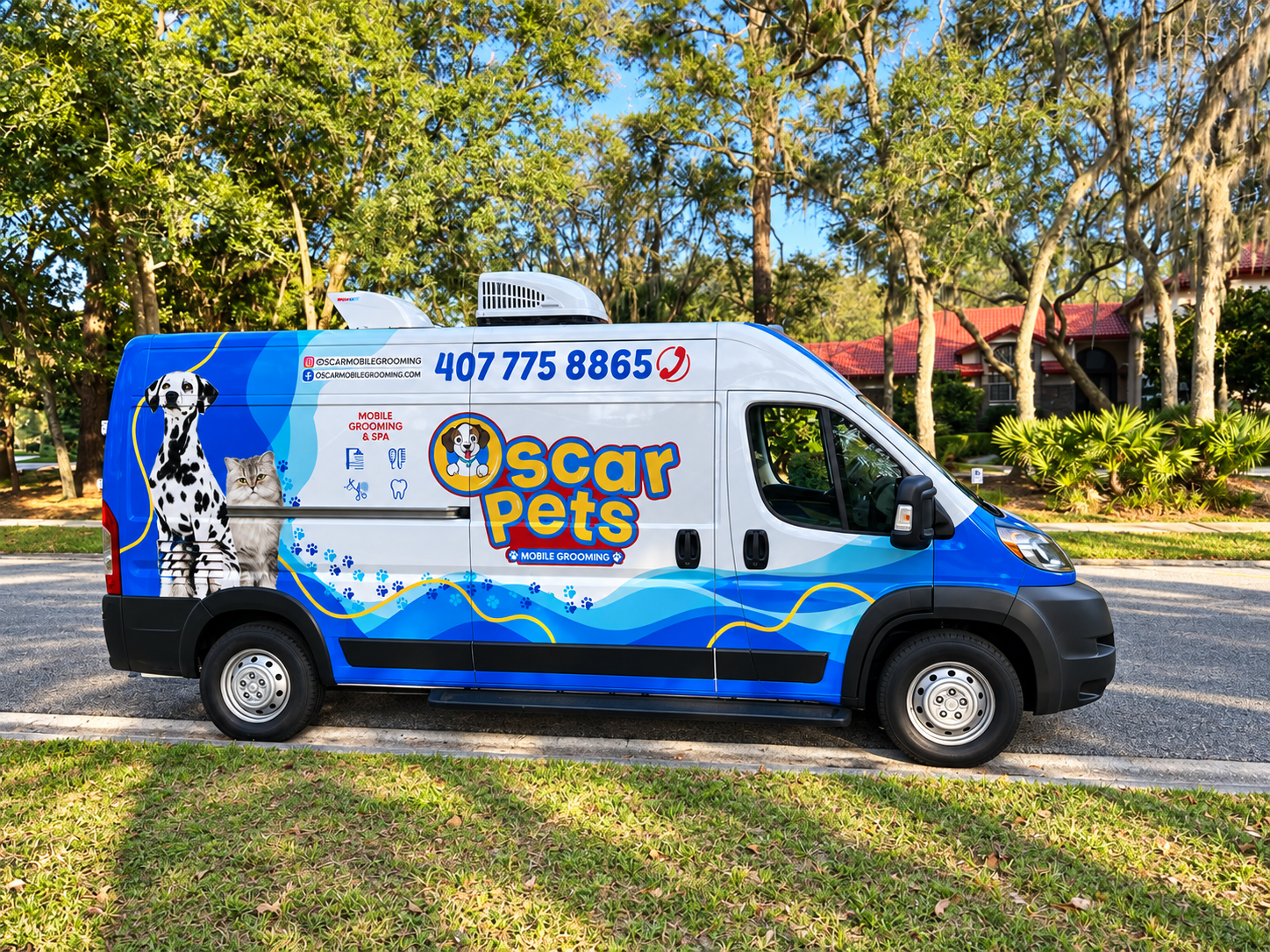 Oscar Pets Mobile groomer brushing a freshly bathed dog inside the mobile grooming van in Orlando