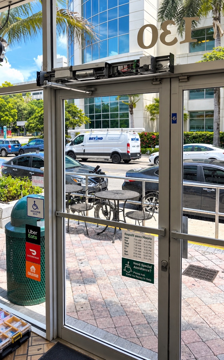 Automatic door installation at a commercial storefront entrance installed by V Power Solutions