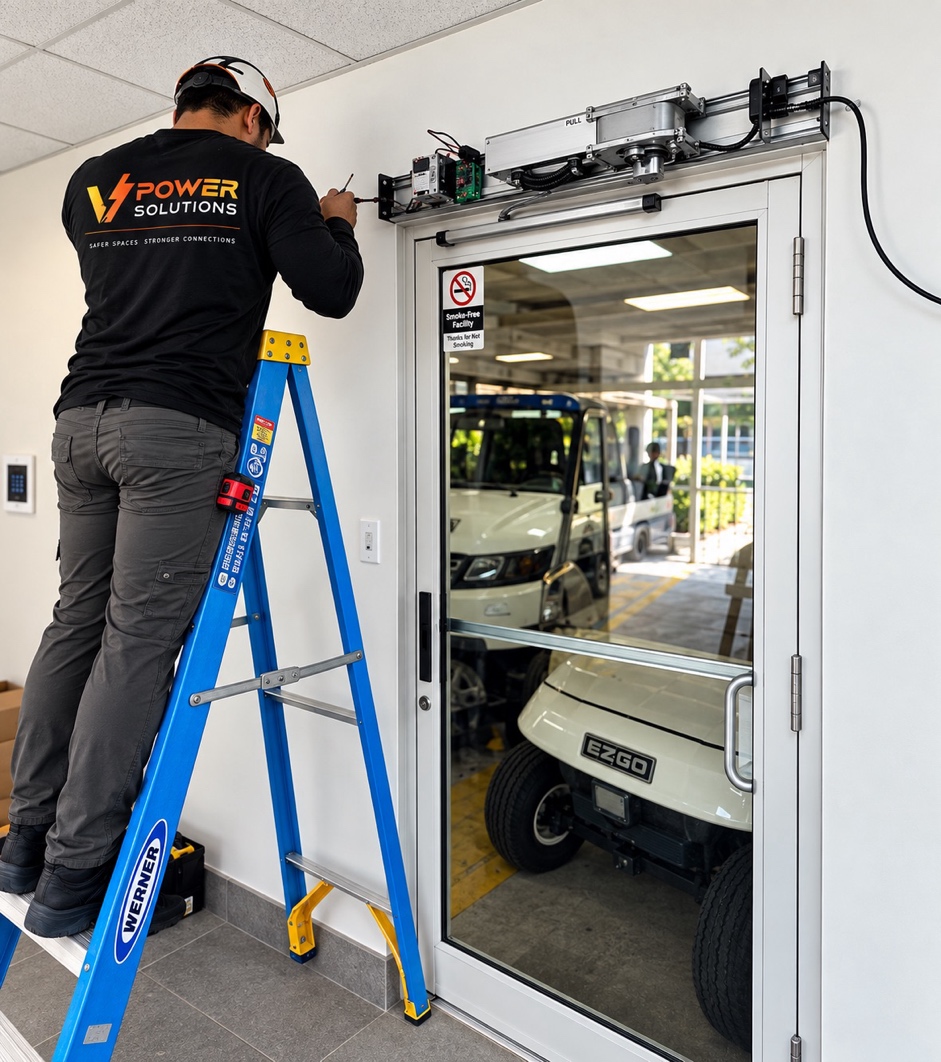 Automatic door mechanism and overhead operator installed above an entry