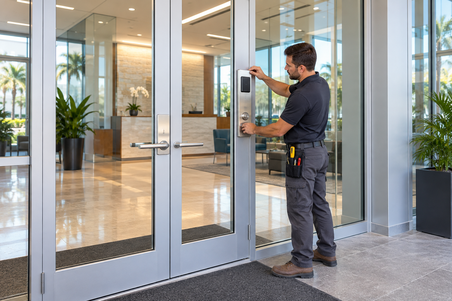 Commercial access reader and smart lock hardware installed by V Power Solutions