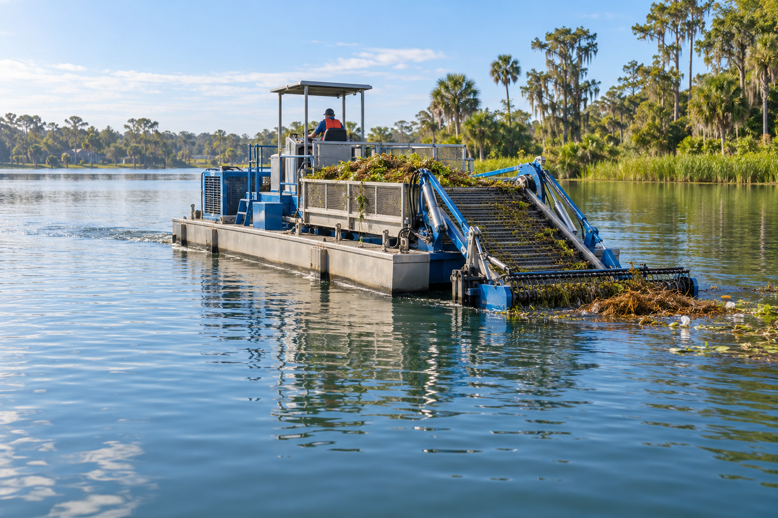 AI-generated illustration of an aquatic harvester collecting vegetation and floating debris on a Florida lake.