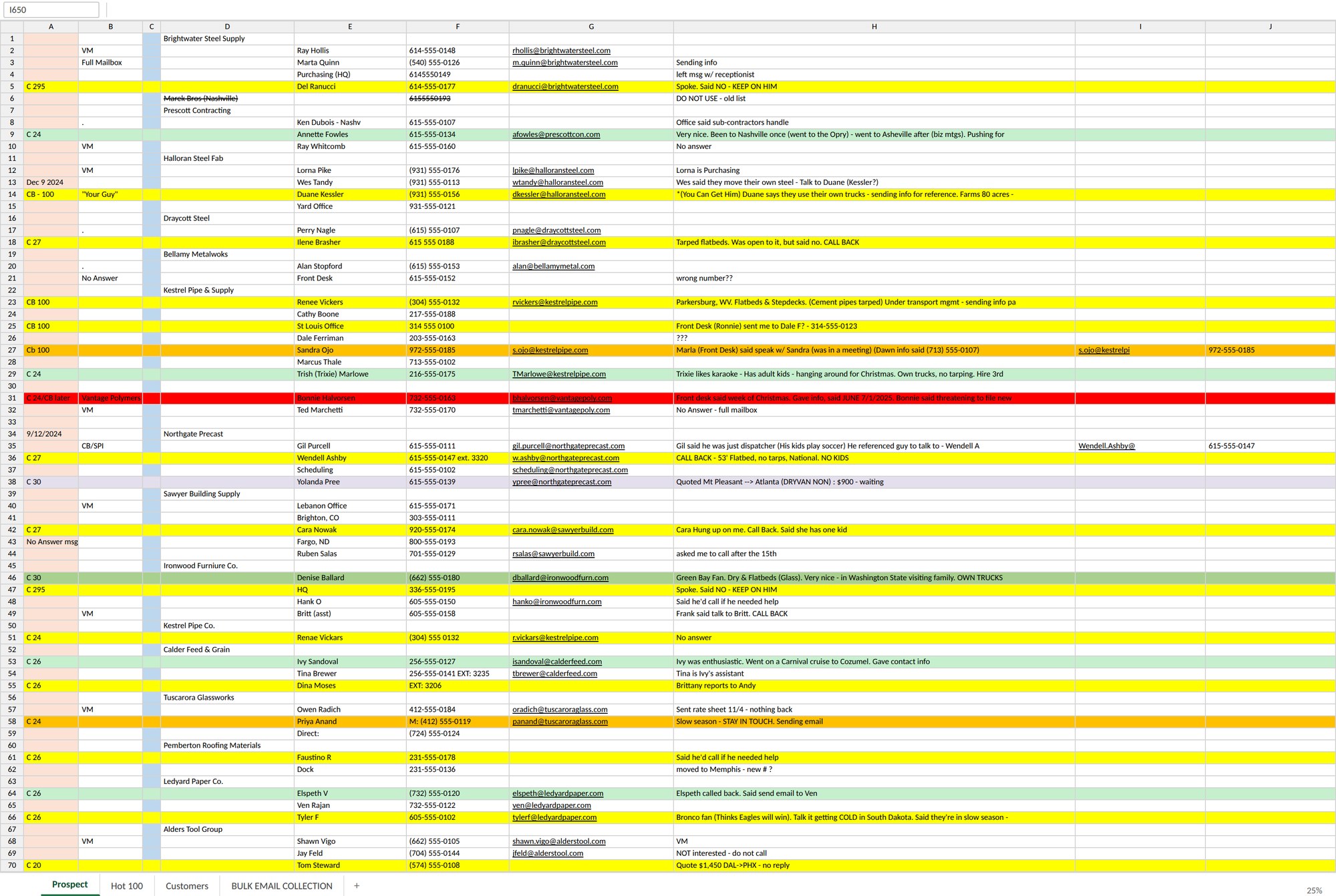 A freight broker's prospecting spreadsheet — four tabs, hundreds of rows, colour-coded by hand