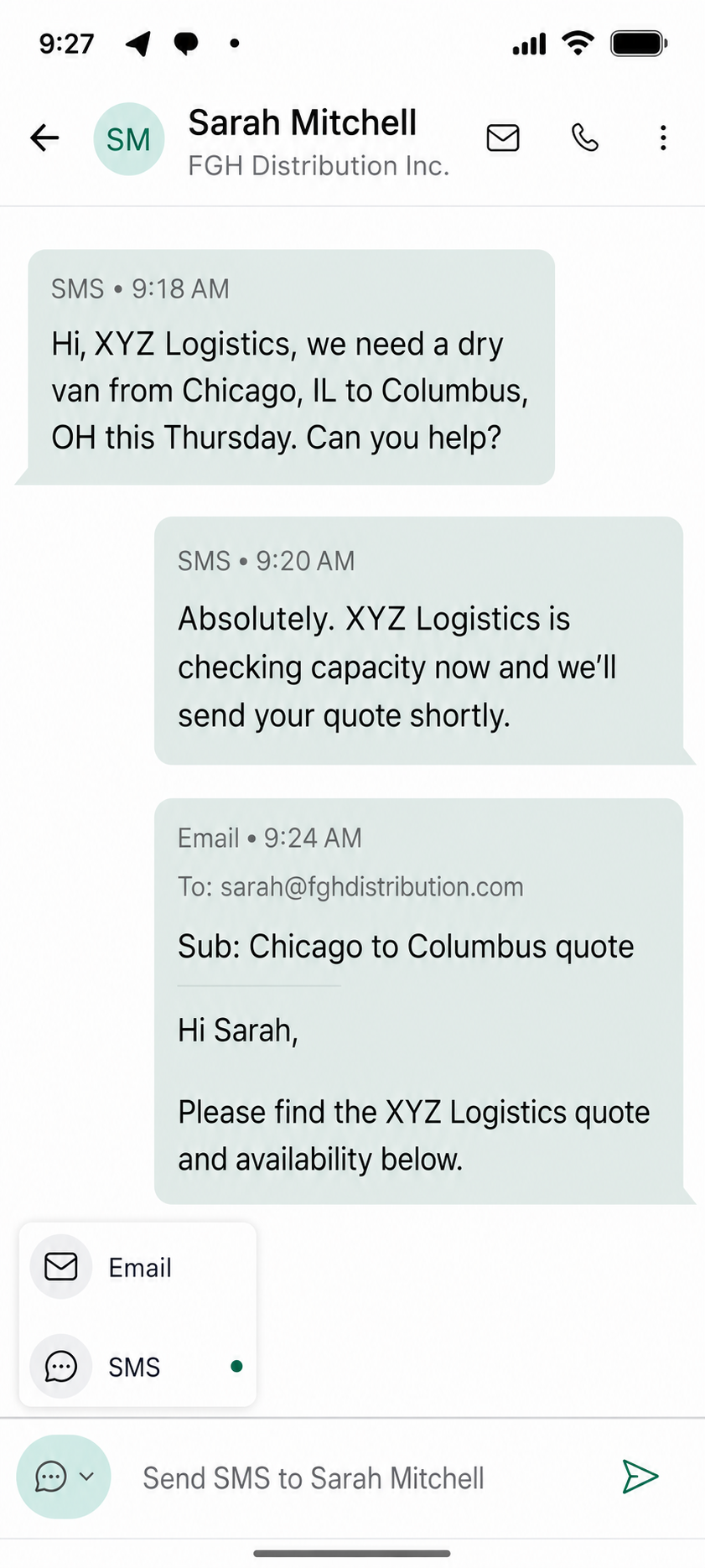 The LoadLander mobile app: calls, texts and emails in one thread on a phone