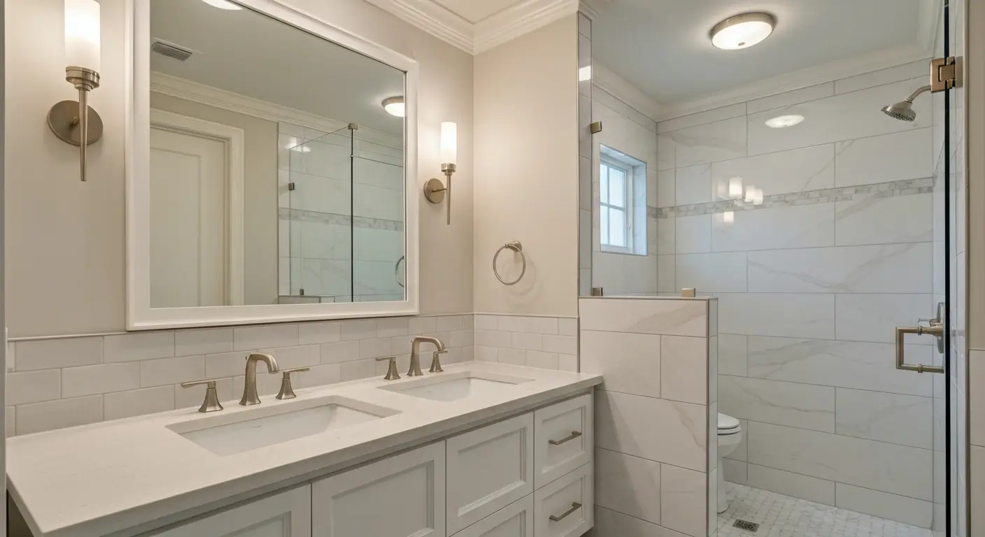 Bathroom vanity with tile shower and updated lighting
